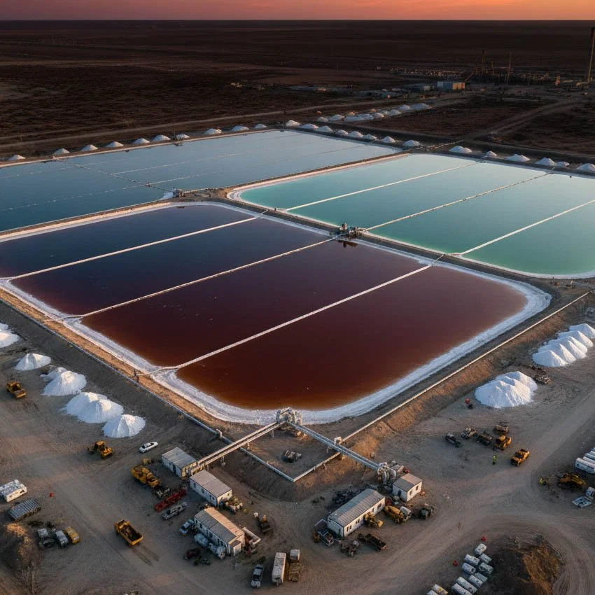 Illustration of brine evaporation ponds viewed from above