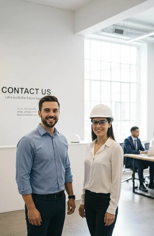 Engineering professionals in an office with a Contact Us sign