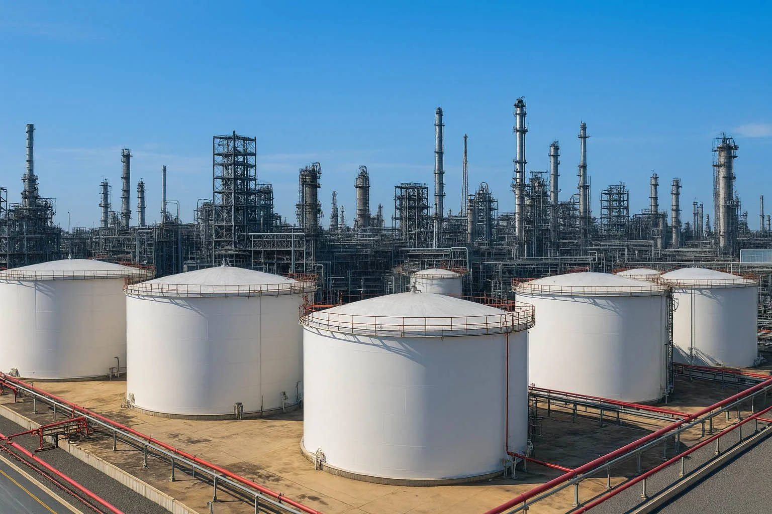 Illustration of storage tanks and industrial pipeline infrastructure